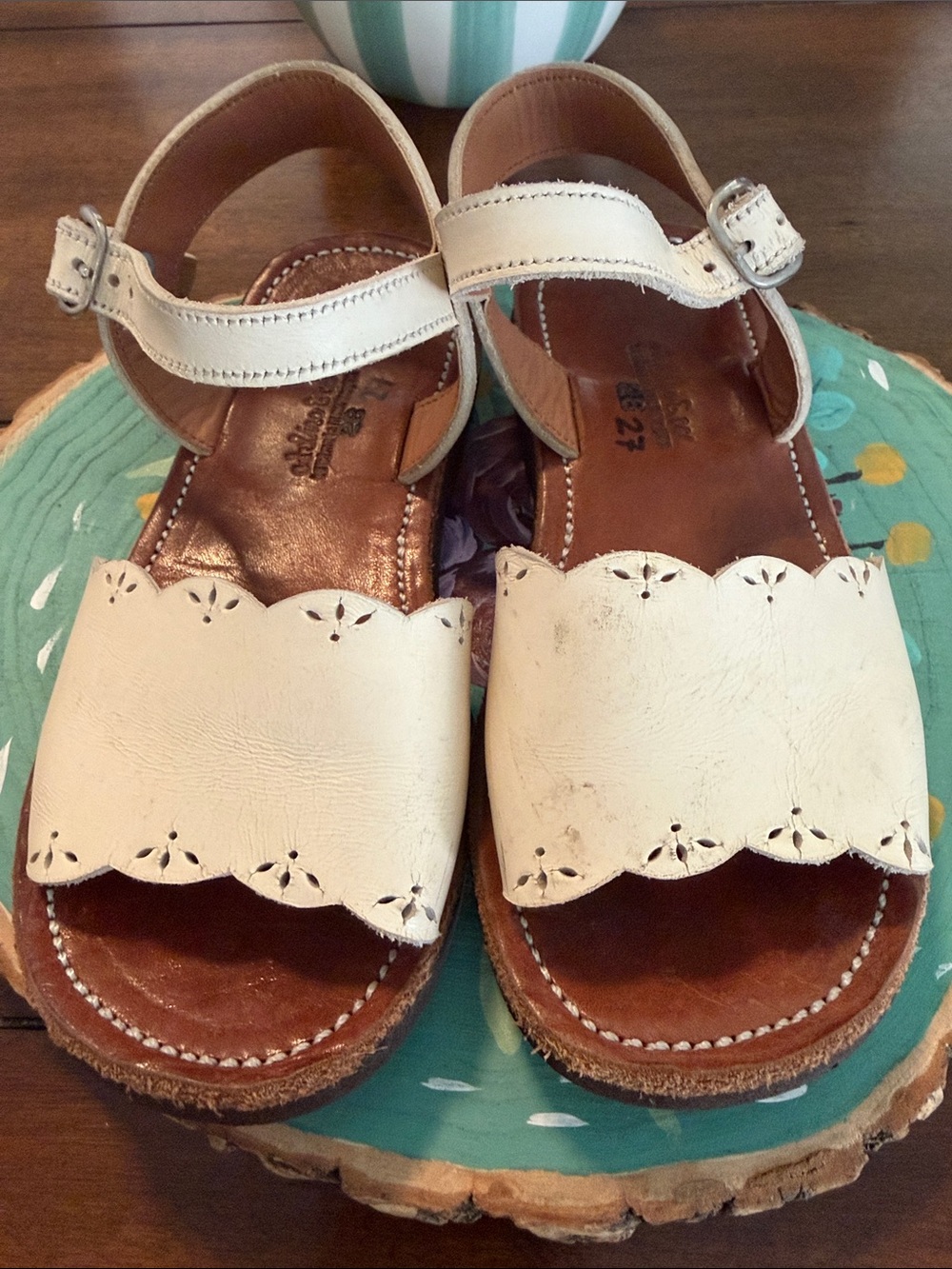 Girls Cream Scalloped Leather Sandals with Ankle Buckle